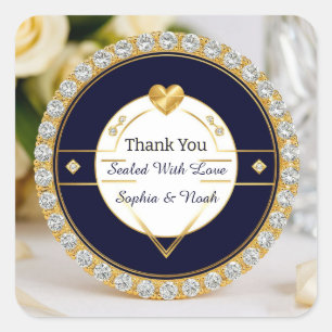 ✨ Navy Gold Heart Diamond Wedding Keepsake ✨ Square Sticker