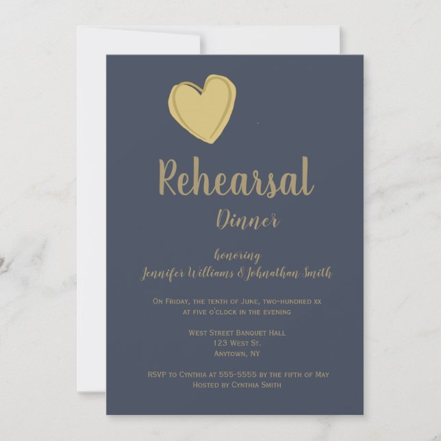 Navy gold heart rehearsal dinner invitations (Front)