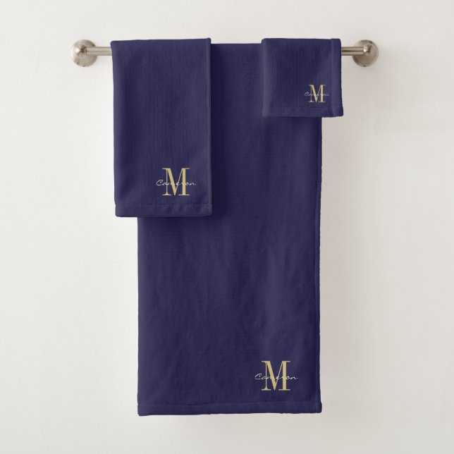  Navy Gold Initial and Name Personalized Bath Towel Set (Insitu)