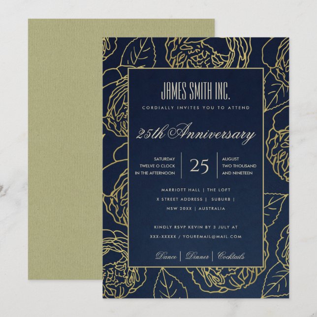 NAVY GOLD KRAFT ROSE FLORAL CORPORATE PARTY EVENT INVITATION (Front/Back)