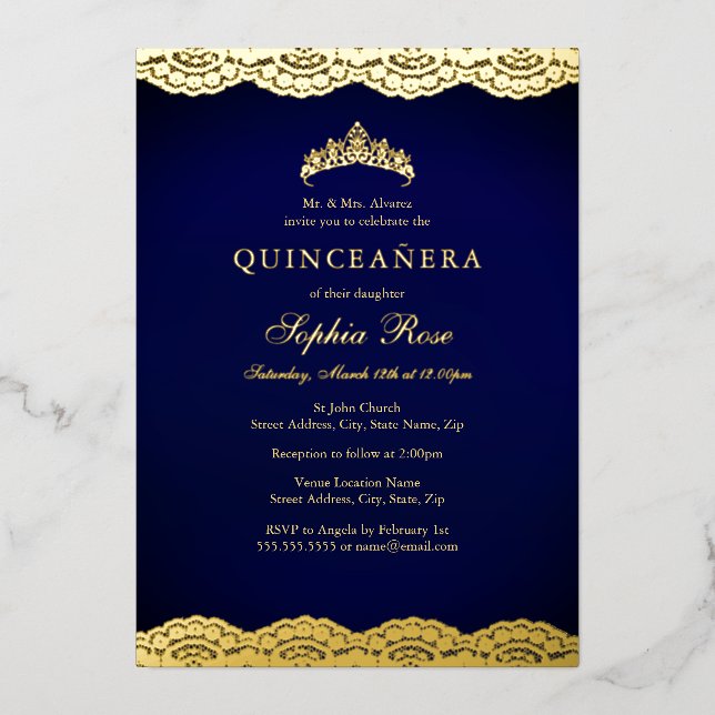 Navy Gold Lace Tiara Quinceanera Foil (Front)