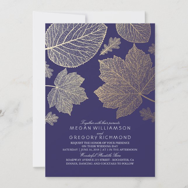Navy Gold Leaves Vintage Fall Wedding Invitation (Front)