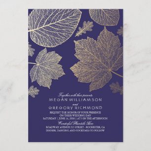 Navy Gold Leaves Vintage Fall Wedding Invitation