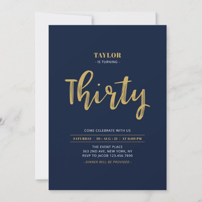 Navy & Gold Lettering 30th Birthday Party Invitation (Front)