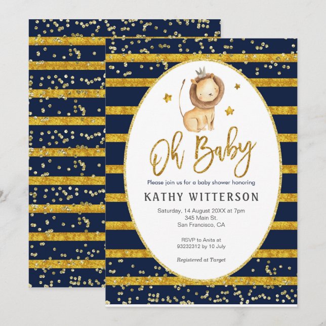 Navy Gold Lion Oh Baby Baby Shower Invitation (Front/Back)