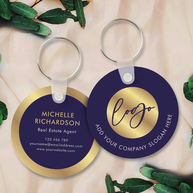 Navy & Gold Logo Real Estate Business Promotional Keychain (Navy blue and gold promotional branded business logo keyring)