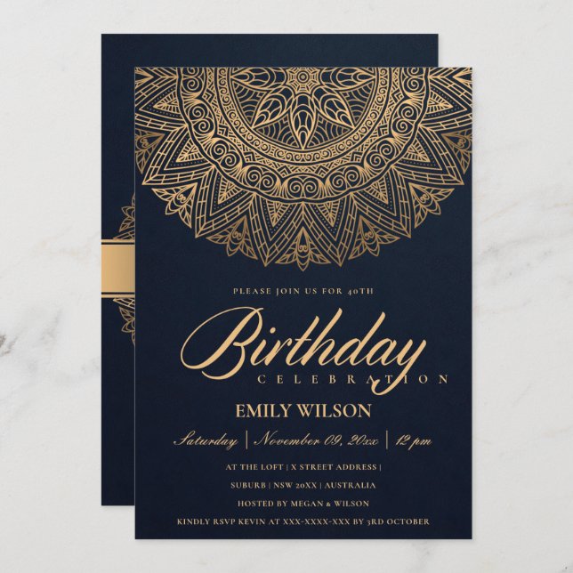 NAVY GOLD MANDALA ANY YEAR 40TH BIRTHDAY PARTY INVITATION (Front/Back)