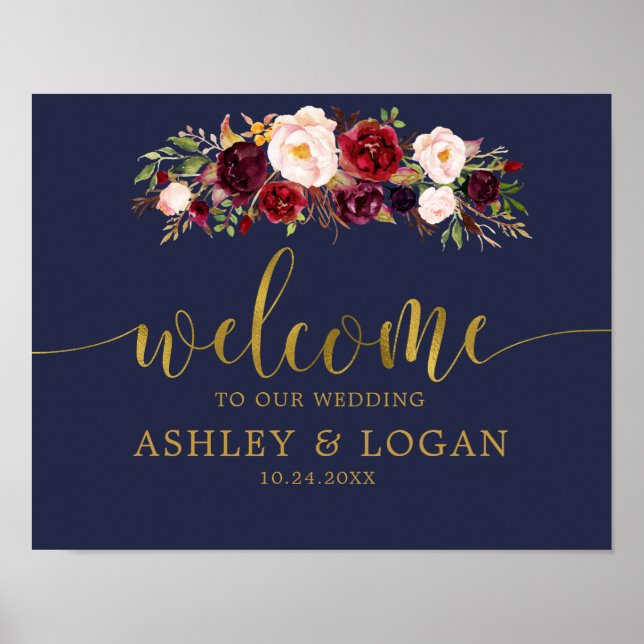 Navy Gold Marsala Boho Fall Wedding Welcome Poster (Front)