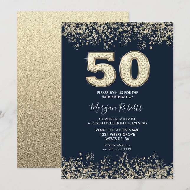 Navy & Gold Mens or Womans 50th Birthday Party Invitation (Front/Back)