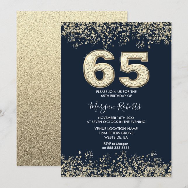 Navy & Gold Mens or Womans 65th Birthday Party  Invitation (Front/Back)