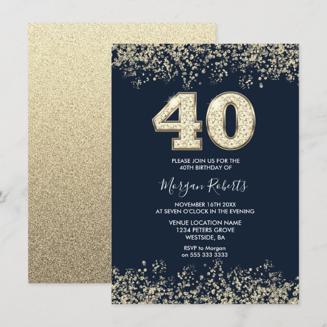 Navy & Gold Mens Womans 40th Birthday Party Invitation (Front/Back)