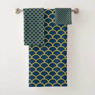 NAVY  GOLD MERMAID THEME BATHROOM TOWEL SET