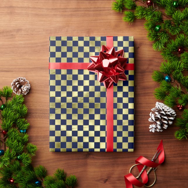 Navy gold metallic checker pattern Christmas Wrapping Paper (Holiday Gift)