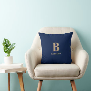 Navy & Gold   Minimal Modern Initial Monogram Name Throw Pillow