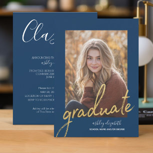 Navy Gold Modern Graduation Photo Announcement
