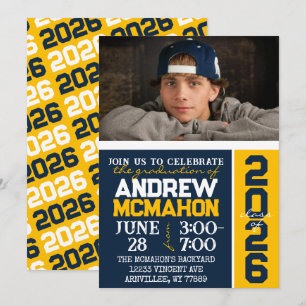 Navy & Gold Modern Graduation Photo Invitation