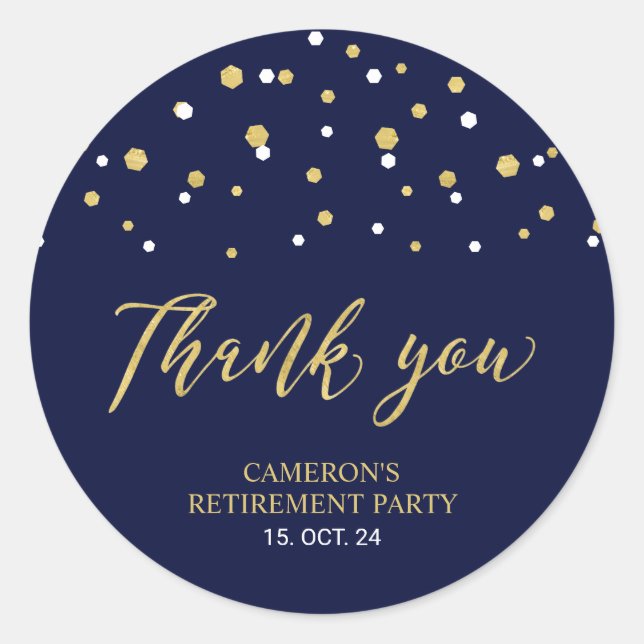 Navy & Gold | Modern Retirement Favour Thank you Classic Round Sticker (Front)