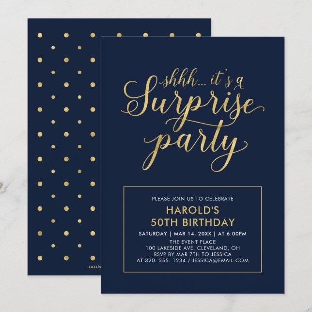 Navy & Gold | Modern Surprise 50th Birthday Party Invitation (Front/Back)