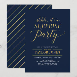 Navy & Gold Modern Surprise Birthday Party Invitation