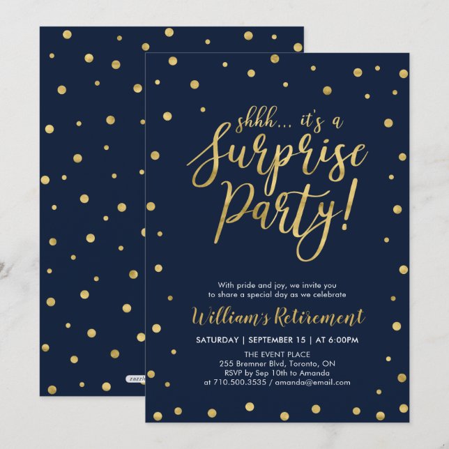 Navy & Gold | Modern Surprise Retirement Party Invitation (Front/Back)