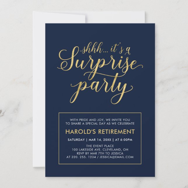 Navy & Gold | Modern Surprise Retirement Party Invitation (Front)