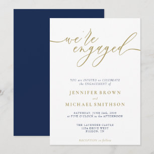 Navy Gold Modern We are Engaged Invitation