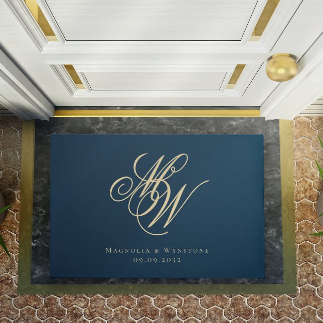 Navy Gold Monogram Couple Doormat (Creator Uploaded)