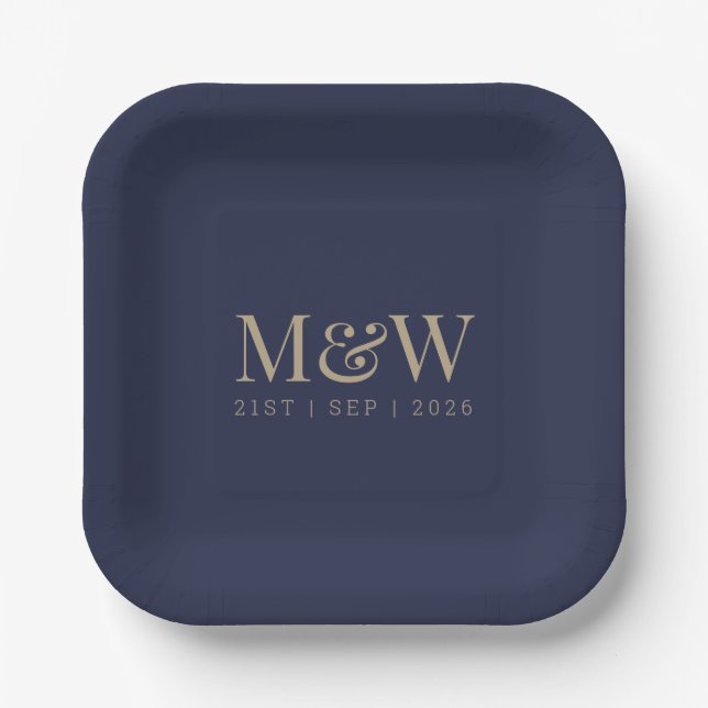 Navy Gold Monogram Modern Blue Wedding Paper Plate (Front)