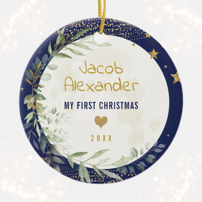 Navy Gold Moon & Stars Baby 1st Christmas Ceramic Ornament (Creator Uploaded)