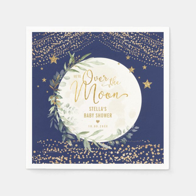 Navy Gold Moon & Stars Greenery Baby Shower Napkin (Front)