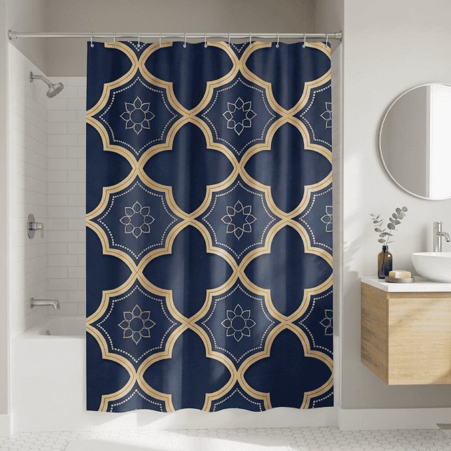 Navy & Gold Moroccan Quatrefoil Geometric Pattern (navy and gold moroccan tile shower curtain)