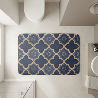 Navy & Gold Moroccan Quatrefoil Geometric Pattern Bath Mat