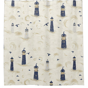 Navy Gold Nautical Lighthouse Coastal Pattern