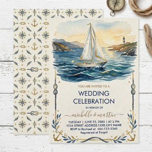 Navy & Gold Nautical Wedding Sailboat Wedding Invitation