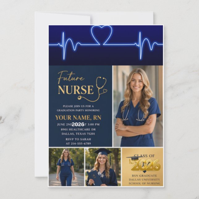 Navy Gold Nursing Graduation Invitation | ECG Hear (Front)