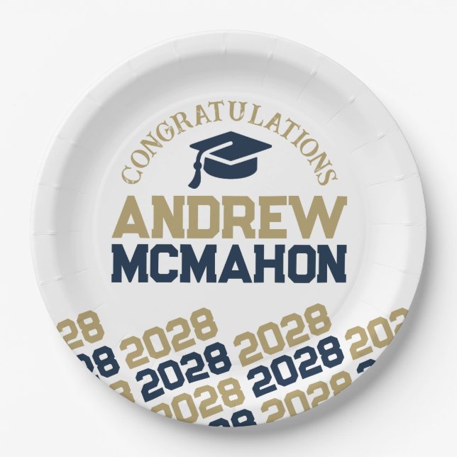 Navy & Gold on White Half Repeat Grad Personalized Paper Plate (Front)