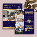 Navy & Gold Open House For Sale Flyer With Photos<br><div class="desc">Modern House For Sale marketing flyer with photos, your logo, contact details and property information. This customizable navy blue and faux gold open house flyer features a modern design with space for 5 photos, elegant gold motifs, space for the property details with icons for each and your custom text. A...</div>