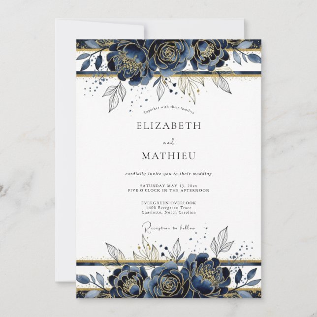 Navy Gold Ornate Winter Wedding Invitation (Front)