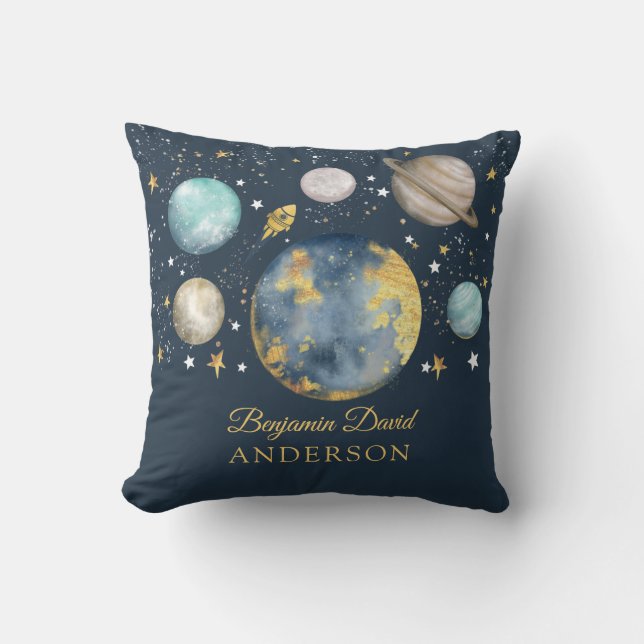 Navy Gold Outer Space Galaxy Moon Star Boy Nursery Throw Pillow (Front)