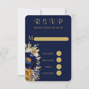 Navy Gold Painted Peony Wedding RSVP Cards