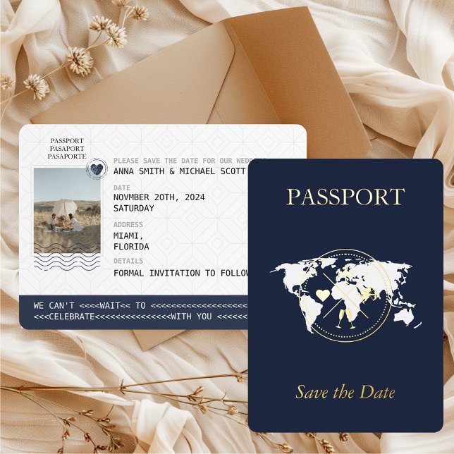 Navy Gold Passport Destination Photo Save the Date (Passport Save the Date with Photo Navy Blue & Gold Foil Destination Wedding Boarding Pass)