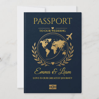Navy Gold Passport Destination Wedding Invitation