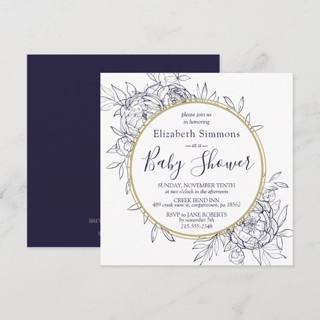 Navy & Gold Peony Modern Floral Toile Baby Shower Invitation (Front/Back)
