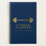 Navy & Gold Personalized Fitness Planner<br><div class="desc">A chic and modern fitness planner to plan and track your fitness journey and success,  featuring a faux gold fitness weight icon,  "fitness planner" and your name,  also in gold. The background is in navy blue.</div>