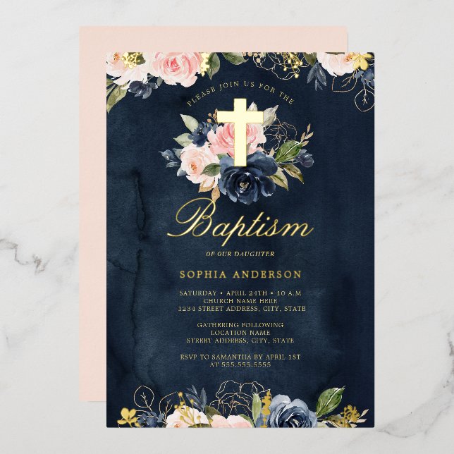 Navy Gold Pink Floral Baptism  (Front/Back)
