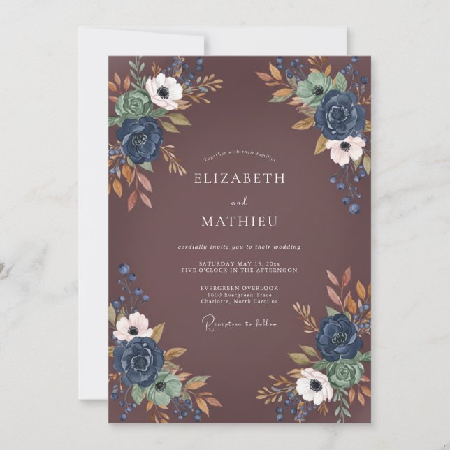 Navy Gold Plum Floral Wedding Invitation (Front)