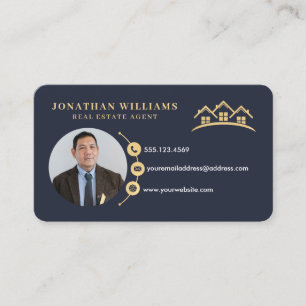 Navy & Gold Professional Real Estate Photo  Business Card
