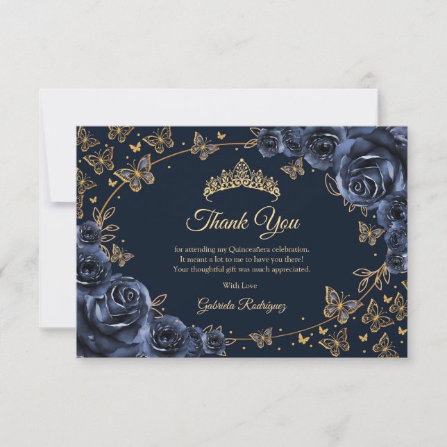 Navy Gold Quinceanera Thank You Card (Front)