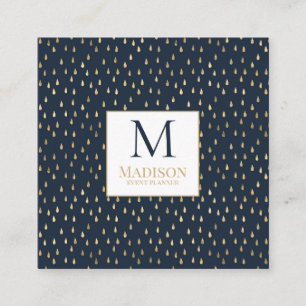 Navy Gold Raindrop Modern Trendy Monogram Square Business Card