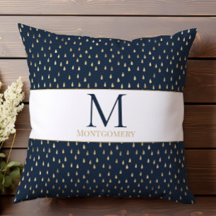 Navy Gold Raindrop Modern Trendy Monogram Throw Pillow